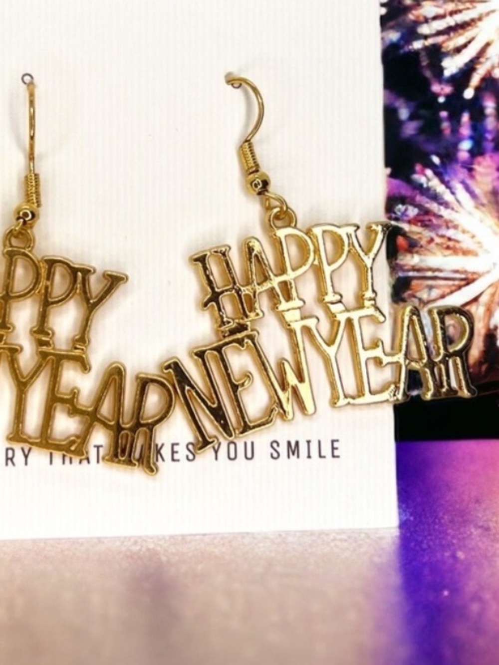 Festive Gold 'Happy New Year' Drop Earrings NWT EuroKatGifts - Picture 8 of 9
